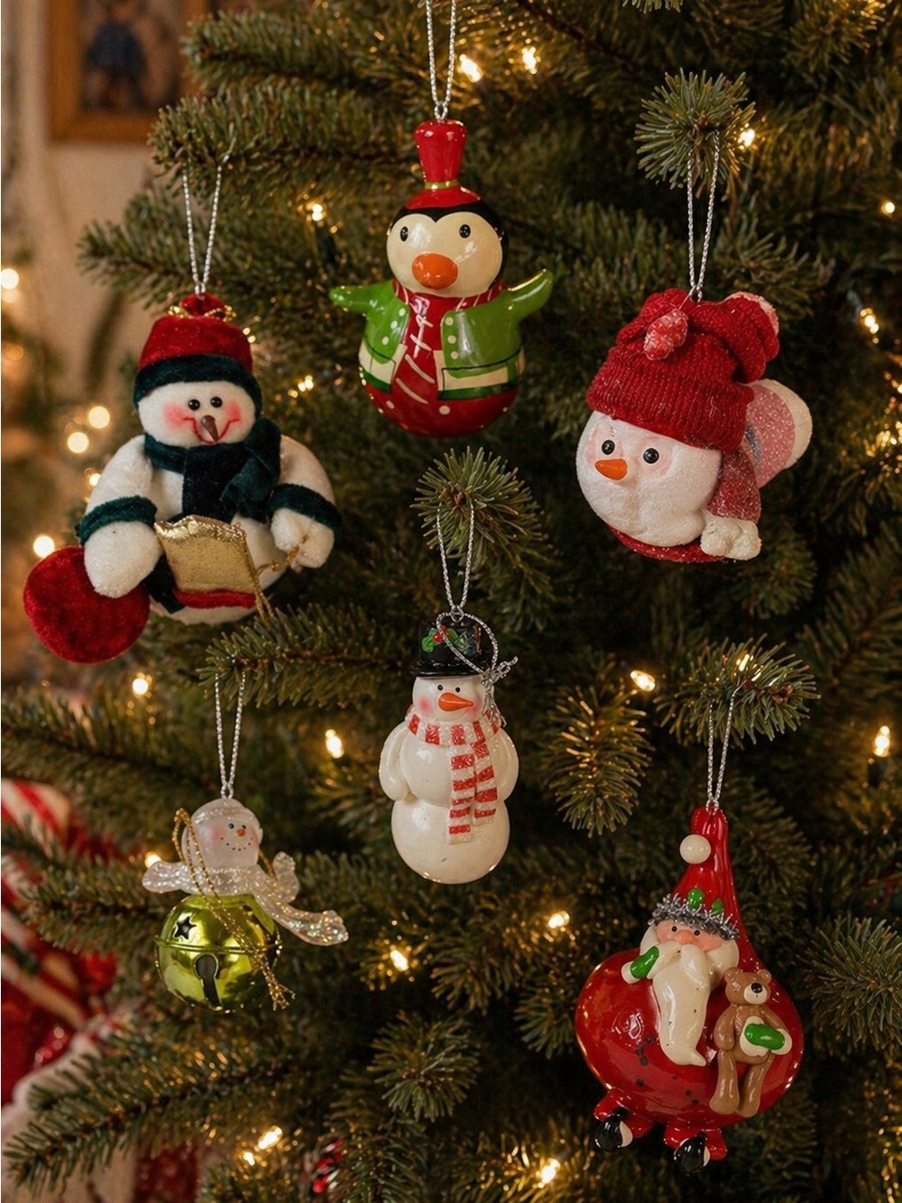 Y2K Christmas‎ Ornament Lot of 6 Santa Penguin Snowman Plush Resin Holiday Decor